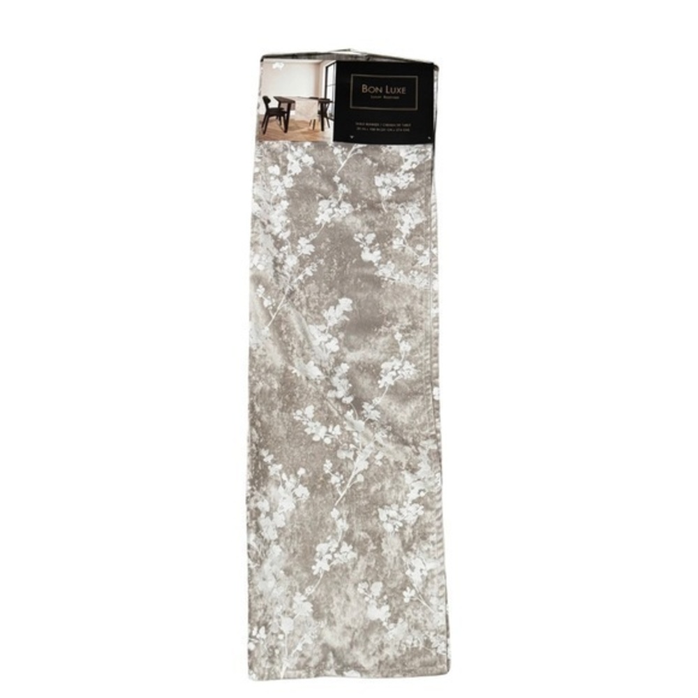 Bon Luxe Dominique Table Runner 20 in. X 108 in. Gray Floral Velvet NWT